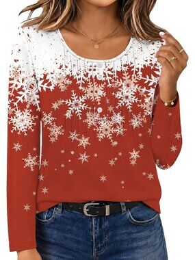 🎄Women's Red Snowflake Fashion Casual Crewneck Button Tops Long Sleeve Shirts